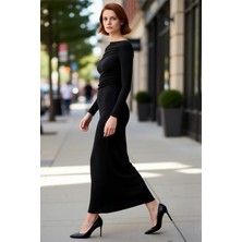 PayBuy Kadın Kayık Yaka Bodycon Uzun Kollu Midi Elbise Büzgü Detaylı Örme Kumaş Tüm Sezonlar Için Şık