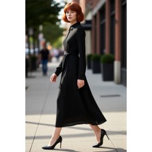 PayBuy Kadın Düz Bordo Gömlek Yaka Kuşaklı Midi Dokuma Elbise Modern Şıklık Sunar Ilkbahar Sonbahar