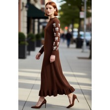 PayBuy Kadın Bodycon Kesim Triko Maxi Elbise Kurdele Desenli Eteği Fırfırlı Kışlık Şık ve Rahat Giyim