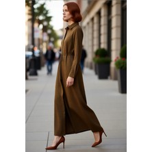 PayBuy Kadın A Line Gömlek Yaka Maxi Boy Astarsız Keten Görünümlü Düz Tesettür Dokuma Elbise Kaliteli