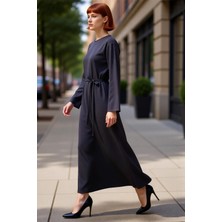 PayBuy Kadın A Kesim Maxi Uzun Kollu Interlok Örme Kemerli Düz Elbise Ilkbahar Sonbahar Için Şık ve Rahat