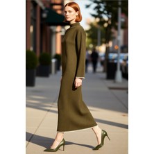 PayBuy Kadın Düz Desen Dik Yaka Uzun Düşük Kol Maxi Boy Shift Kalıp Akrilik Triko Elbise Günlük Şıklık