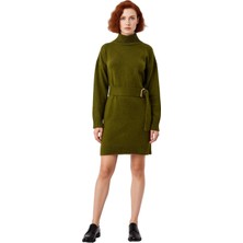 Ersefa Kadın Dik Yaka Kuşak Detaylı Düz Mini Triko Elbise Düşük Kol Rahat Şık Kışlık Günlük Giyim