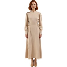 Ersefa Kadın Lacivert Aerobin Dokuma Maxi Boy Hakim Yaka Britli Düz Rahat Şık Günlük Elbise Kaliteli