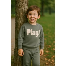 Tuma Collection Erkek Çocuk Kışlık Eşofman Takımı Play Yazılı Sweatshirt Alt Pamuklu Üç Iplik Şardonlu Günlük Kombin 3-4-5-6 Yaş Yeşil