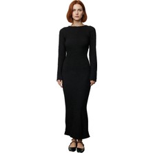 Ersefa Kadın Örme Maxi Elbise Bodycon Kalıp Uzun Kollu Kayık Yaka Sırt Dekolteli Günlük Şık Giyim