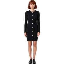 Ersefa Kadın Uzun Kol Bodycon Kesim Düğmeli Fitilli Bisiklet Yaka Mini Elbise Modern Görünüm Kaliteli