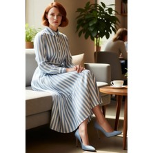 FRM Kadın Günlük Modern Çizgili Poplin Dokuma Gömlek Yaka Kuşaklı Uzun Kollu Maxi Elbise Ilkbahar