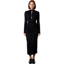 Ersefa Kadın Modern Bodycon Uzun Kollu Dik Yaka Cut Out Detaylı Simli Örme Abiye Kokteyl Elbisesi