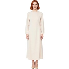 Ersefa Kadın Beli Ip Bağlama Detaylı Uzun Balon Kol Aerobin Dokuma Maxi Shift Elbise Ilkbahar Sonbahar