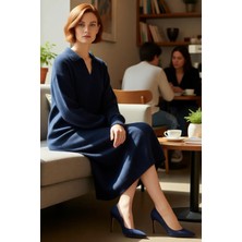 FRM Kadın Düşük Kol Polo Yaka Triko Elbise Midi Boy Baskısız Sürdürülebilir Rahat Kış Şıklığı Kaliteli