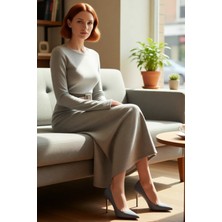 FRM Kadın Siyah Triko Maxi Elbise Havuz Yaka A Kesim Kemerli Uzun Kollu Kışlık Konforlu Şık Giyim