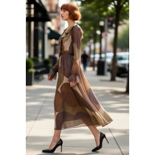 PayBuy Kadınlar Için Kışlık Uzun Kollu Fırfırlı V Yaka Soyut Desenli Köpük Dokuma Maxi Elbise Stili.