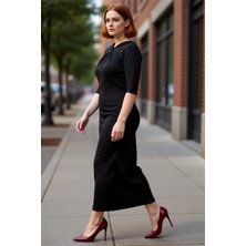 PayBuy Kadın Büyük Beden Siyah Düz Desen Düğüm Detaylı Asimetrik Yaka Maxi Boy Örme Elbise Rahat Şık