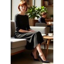 FRM Kadın Dokuma Kumaş Mixli Midi Elbise Cepli Detayıyla Konforlu ve Şık Sonbahar Ilkbahar Kombinleri