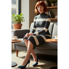 FRM Kadın Akrilik Triko Çizgili Midi Elbise Dik Yaka Uzun Kollu Bodycon Şık Günlük Tasarım Kaliteli