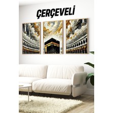 KutuTR 🕋 Kâbe Manzaralı 3'lü Tablo Seti – Çam Çerçeveli, Uv Baskılı, Mdf Zeminli 🌙🌸 CRV1227 32 x 42
