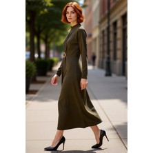 PayBuy Kadın Dik Yaka Uzun Kollu Sandy Örme Bodycon Maxi Elbise Şık Toka Detaylı Günlük Kombinler Için