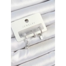 Skygo Pirinç Zirkon Taşlı Sallantılı Model Gümüş Renk 3'lü Çift Kadın Küpe Set - TJ-BKP10787