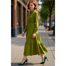 PayBuy Kadın Haki Gömlek Yaka Uzun Kol Maxi Boy Skater Elbise Jakar Dokuma Çiçekli Desenli Viskoz