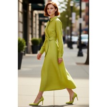 PayBuy Kadın A Line Maxi Boy Dokuma Elbise Gömlek Yaka Standart Kol Belden Bağlama Detaylı Ilkbahar