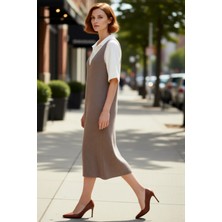 PayBuy Kadın Gri Jile Triko Elbise Midi Boy V Yaka Kolsuz Rahat Kesim Ilkbahar Sonbahar Günlük Şıklığı