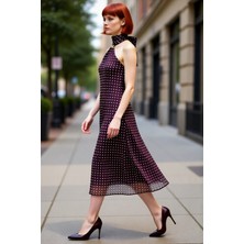 PayBuy Kadın A Kesim Puantiyeli Fular Yaka Aksesuar Detaylı Şifon Midi Elbise Yaz Ilkbahar Şıklığı