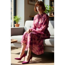 FRM Kadın Dokuma Polyester Midi Elbise Fırfırlı Yakalı Uzun Kollu Çiçek Desenli Ilkbahar Yaz Kaliteli