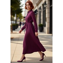 PayBuy Kadın A Line Gömlek Yaka Maxi Boy Astarsız Keten Görünümlü Düz Tesettür Dokuma Elbise Kaliteli