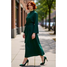 PayBuy Kadın Haki Dik Yaka Kuşaklı Skater Dokuma Maxi Boy Elbise Uzun Ispanyol Kollu Günlük Şıklık