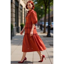 PayBuy Kadın Nakış Detaylı Hakim Yaka Balon Kol Midi Boy Dokuma Elbise Ilkbahar Sonbahar Şıklığı Kaliteli