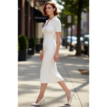 PayBuy Kadın Kahverengi Bodycon Maxi Polo Yaka Standart Kısa Kollu Triko Elbise Günlük Şık Rahat Ilkbahar