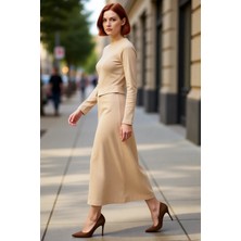 PayBuy Kadınlara Özel Şık Ribana Örme Tesettür Elbise Bisiklet Yaka Uzun Kollu Maxi Boy Düz Tasarım