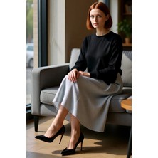 FRM Kadın Siyah Üstü Triko Garnili Çizgili Dokuma Midi Elbise Günlük Şıklık %100 Pamuk Kaliteli