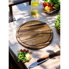 Woodart Ceviz Ağacı 34 cm Oluklu Yuvarlak Rustik Doğal Ahşap Kanallı Pizza Sunum Doğrama Kesme Tahtası