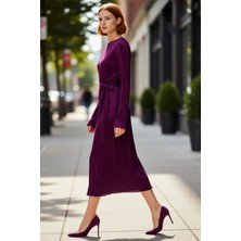 PayBuy Kadın Mor Pilise Örme Kuşaklı Midi Elbise Kayık Yaka Uzun Kollu Şık Shift Kalıp Tasarım Seçeneği