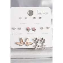 Skygo Pirinç Gümüş Renk Zirkon Taşlı Sallantı Çiçek Mineli Kelebek Figür Inci Detay 7 Çift Kadın Küpe Seti - TJ-BKP10138