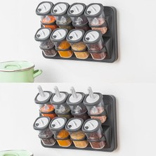 1117 Standlı Kaydırmalı Kaşıklı 360° Döner Kapaklı Etiketli Baharatlık Seti - Erzak Saklama Kabı Antrasit-Gri