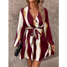 Arben Boutique Kadın Uzun Kollu Kruvaze Yakalı Desenli Modal Mini Elbise