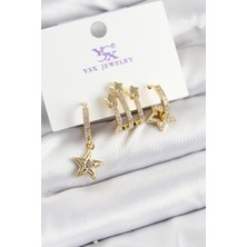 Skygo Pirinç Zİrkon Taşlı Sallantılı Yıldız Model Gold Renk 3'lü Kadın Küpe - TJ-BKP10940