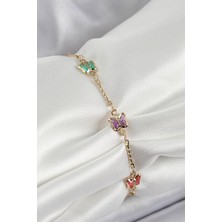 Dktt Pirinç Gold Renk Karışık Renk Kelebek Zirkon Taşlı Kadın Bileklik - TJ-BB7057