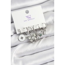 Dktt Pirinç Zirkon Taşlı Kelebek ve Yıldız Model Gümüş Renk 3'lü Çift Kadın Küpe - TJ-BKP10958