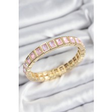 Dktt Pirinç Pembe Zirkon Taşlı Dikdörtgen Model Gold Renk Lastikli Kadın Bileklik - TJ-BB7491
