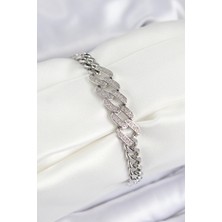 Dktt Pirinç Zirkon Taşlı Ezme Küba Zincir Model Gümüş Renk Kadın Bileklik - TJ-BB7550