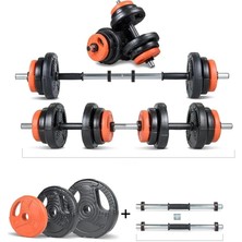 Pearl Shop Spor Yıldız Serisi 22 kg Multifonksiyonel Turuncu Siyah Halter Seti ve Dambıl Seti