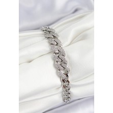 Dktt Pirinç Zirkon Taşlı Küba Zincir Model Gümüş Renk Kadın Bileklik - TJ-BB7534