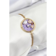 Dktt 316L Çelik Zincir Mor Mineli Sanatsal Portre Inci Detaylı Çiçek Model Gold Renk Kadın Bileklik - TJ-BB7228