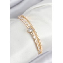 Pirinç Zirkon Taşlı Kalp Model Gold Renk Kadın Bileklik - TJ-BB7873
