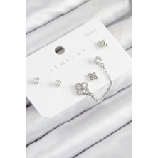 Dktt Pirinç Zirkon Taşlı Yonca Model Gümüş Renk 925 Ayar Gümüş Çivi Kadın Küpe Set - TJ-BKP11157