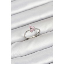 Pirinç Gümüş Renk Pembe Kelebek Kadın Yüzük - TJ-BYK3871